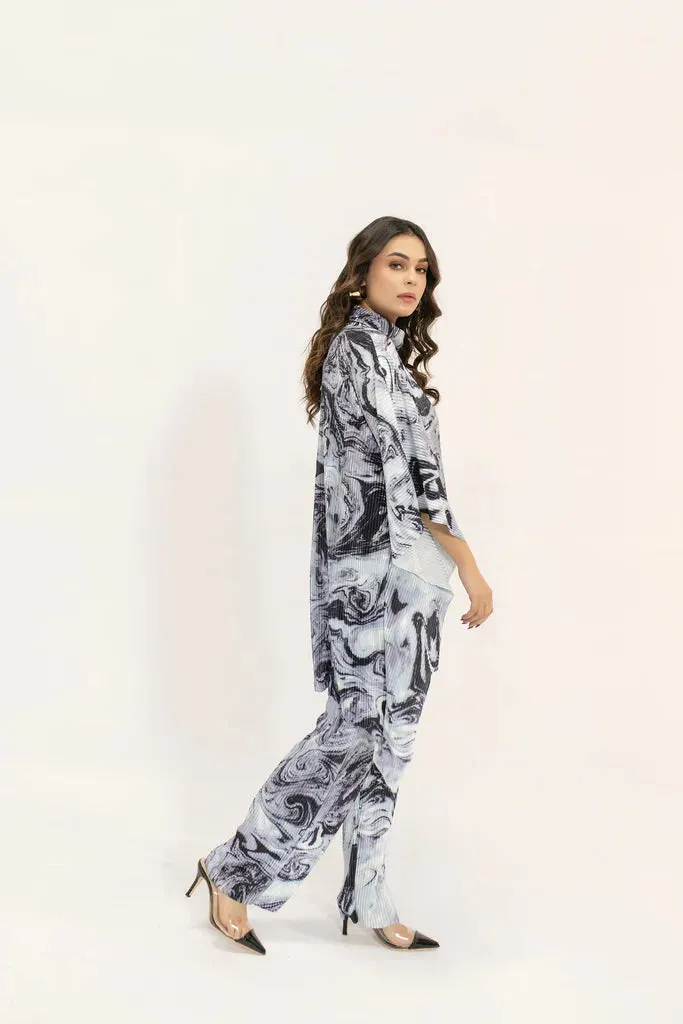 Spring Summer 24 - Yasmin Blue Marble Poncho Pleated Suit