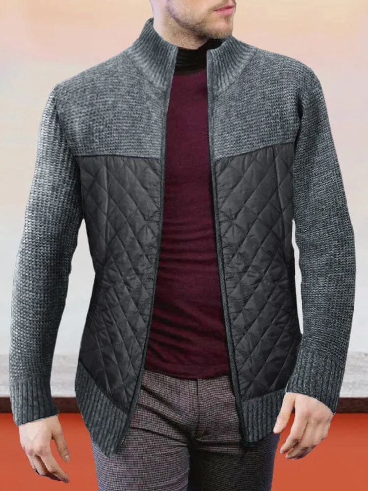 Stand Collar Spliced Knit Coat