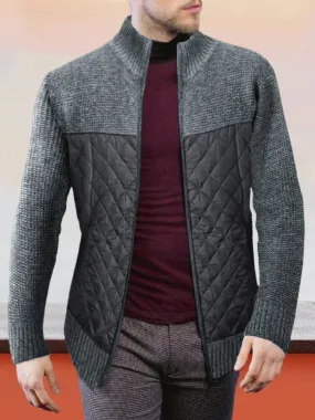 Stand Collar Spliced Knit Coat