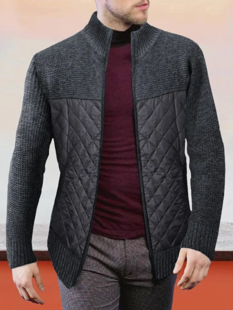 Stand Collar Spliced Knit Coat