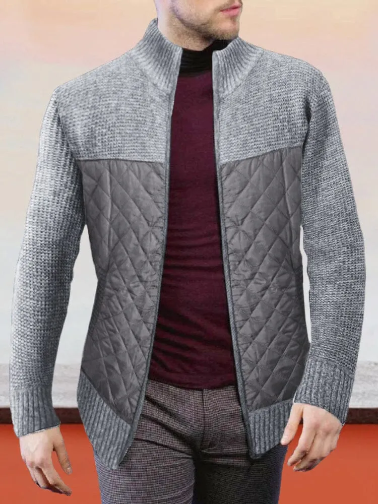 Stand Collar Spliced Knit Coat
