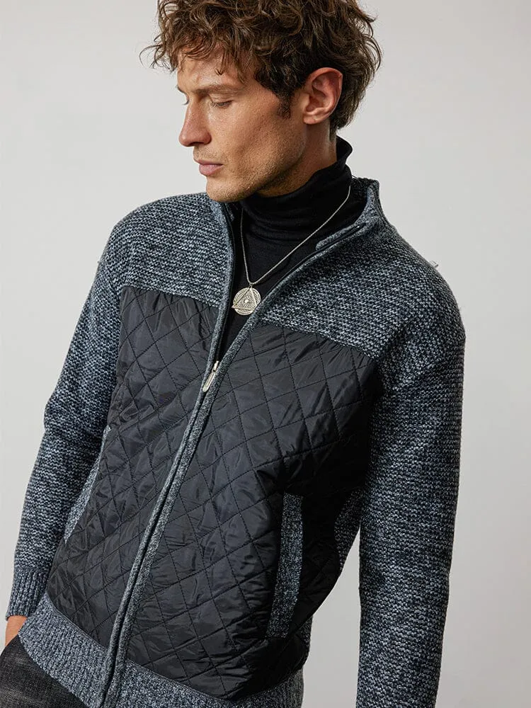 Stand Collar Spliced Knit Coat