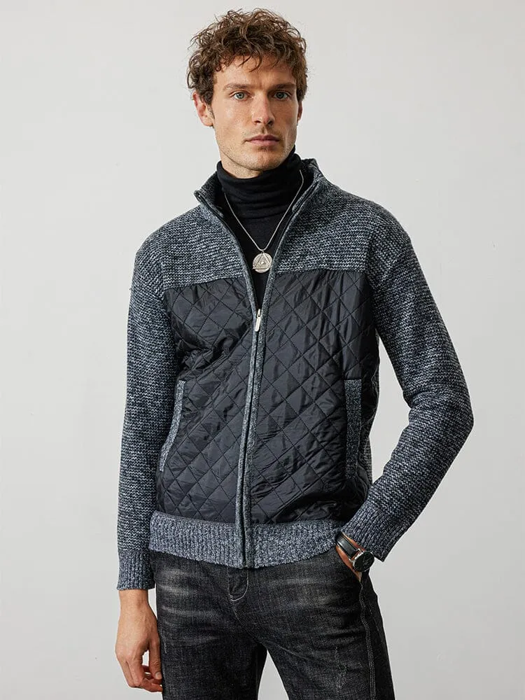 Stand Collar Spliced Knit Coat