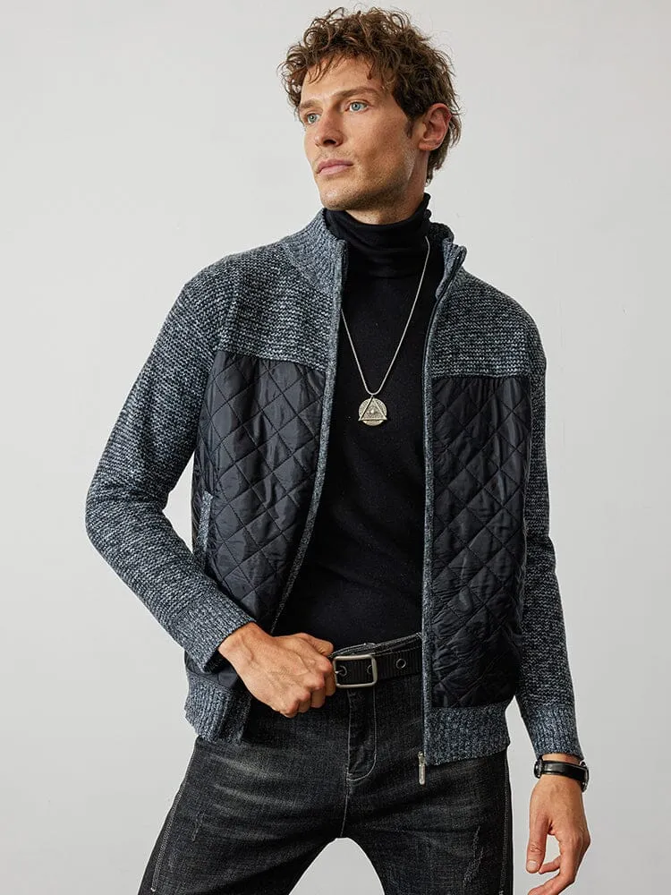 Stand Collar Spliced Knit Coat