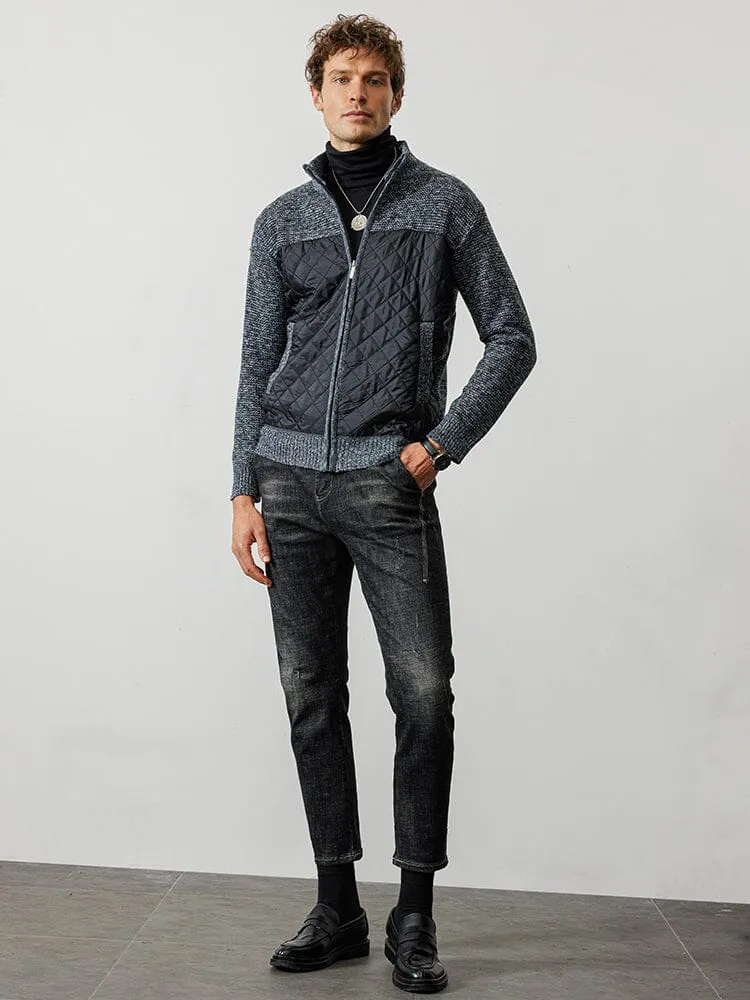 Stand Collar Spliced Knit Coat
