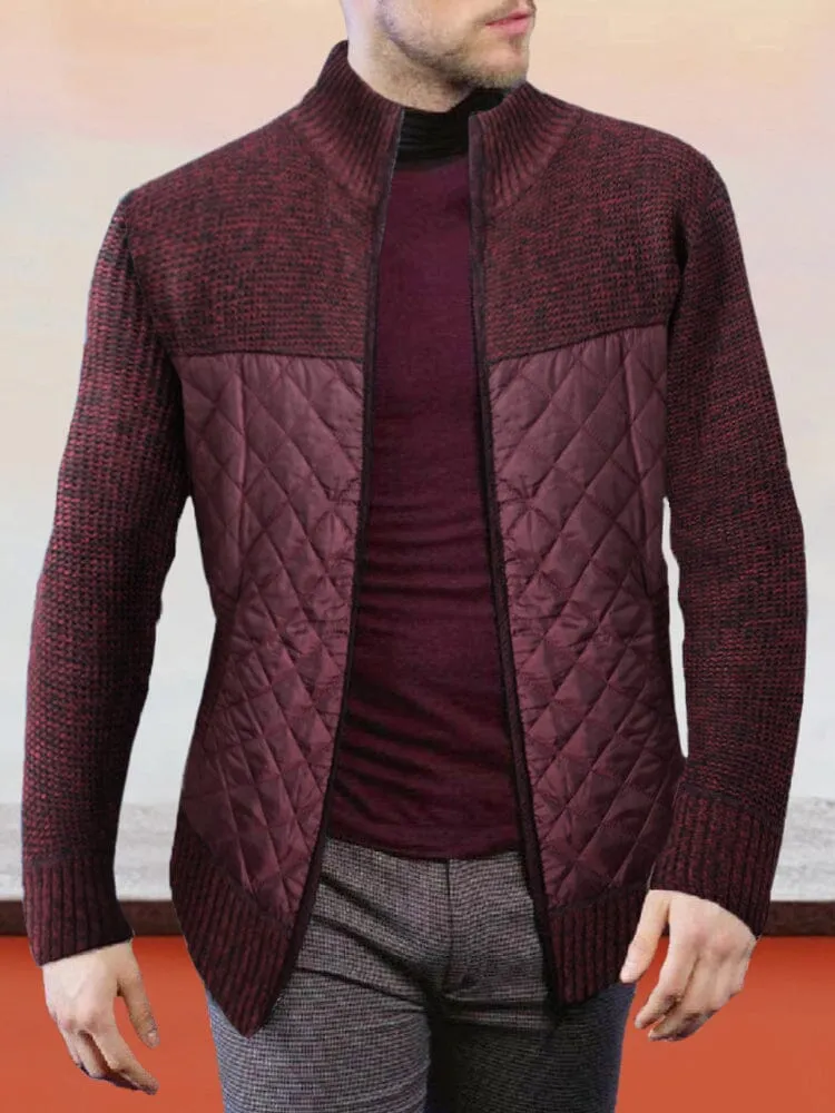 Stand Collar Spliced Knit Coat
