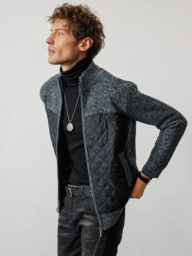 Stand Collar Spliced Knit Coat