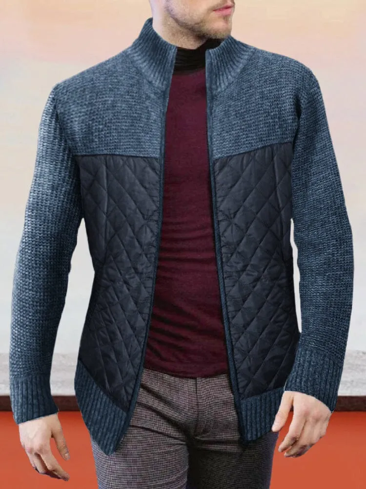 Stand Collar Spliced Knit Coat