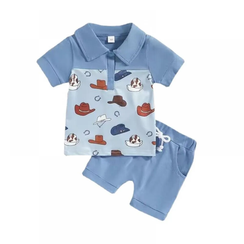 Summer boy casual short sleeved lapel top shorts set Wholesale Boys Clothing