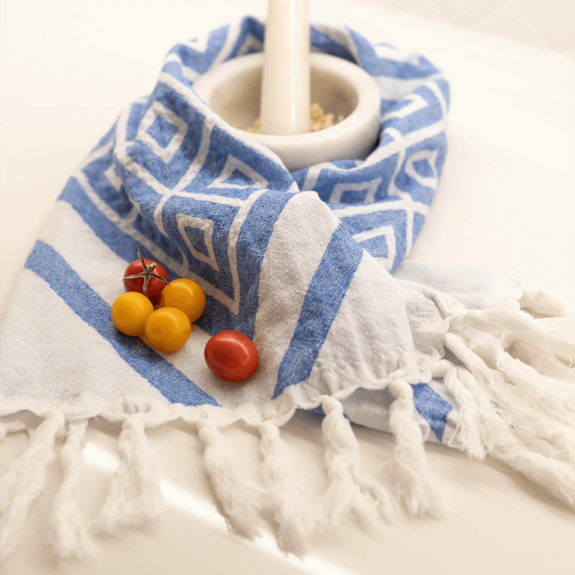 Turkish Cotton Towel Set / Geo Diamond in Blue   White