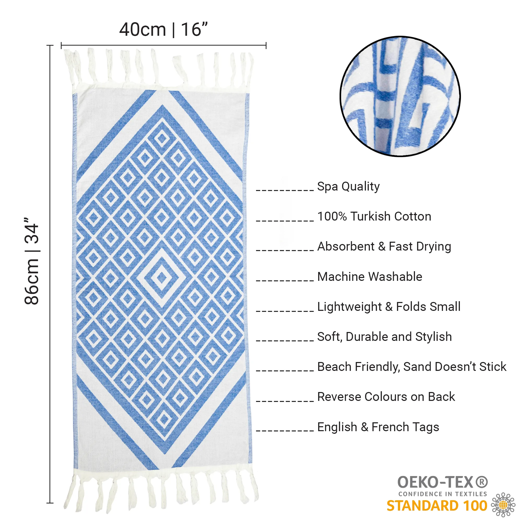 Turkish Cotton Towel Set / Geo Diamond in Blue   White