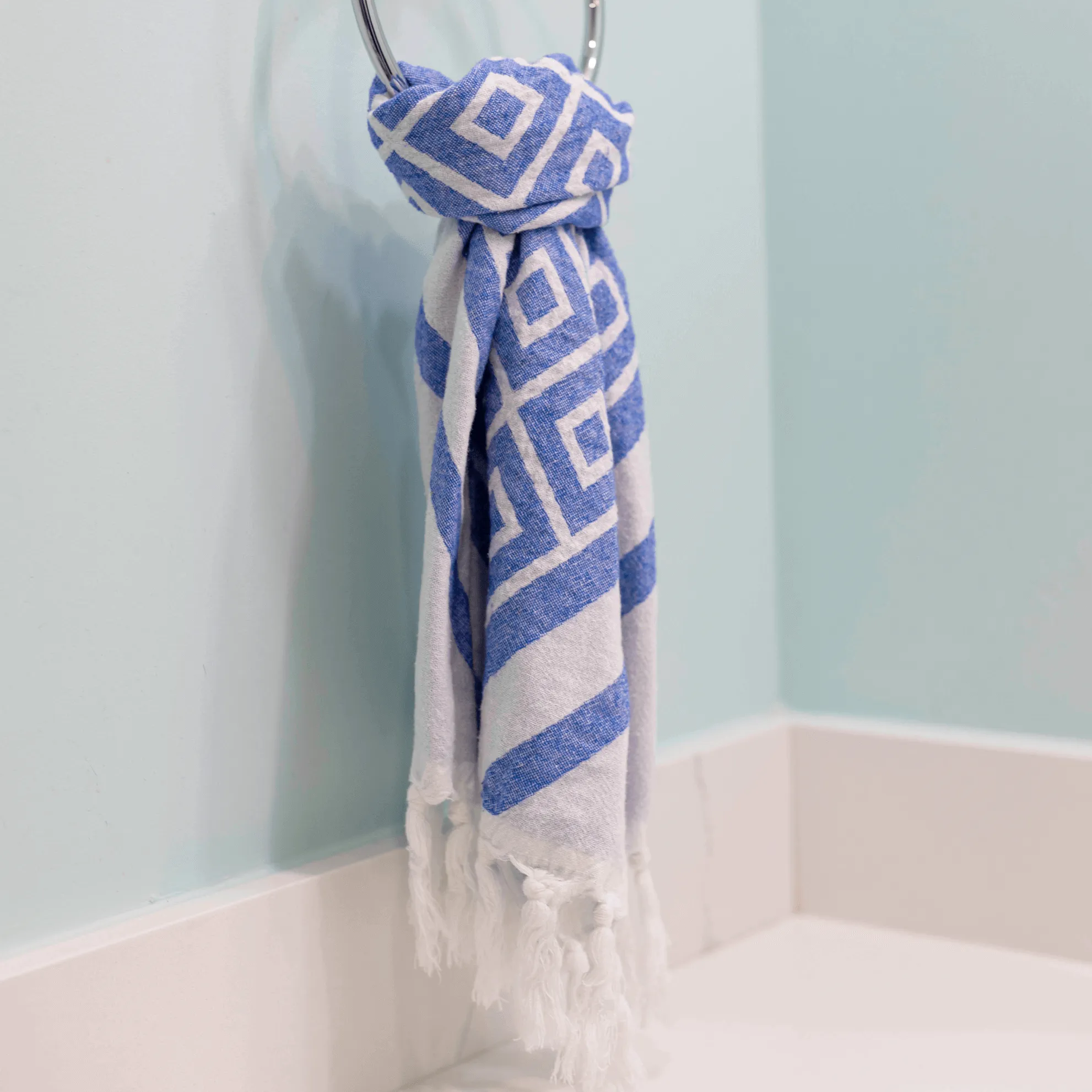 Turkish Cotton Towel Set / Geo Diamond in Blue   White