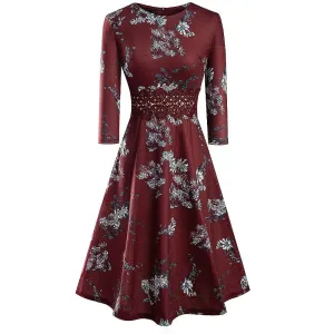 Vintage Dark Red Elegant Floral Swing Dress