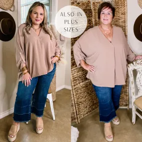 Weekend Out V Neck Placket 3/4 Sleeve Top in Taupe