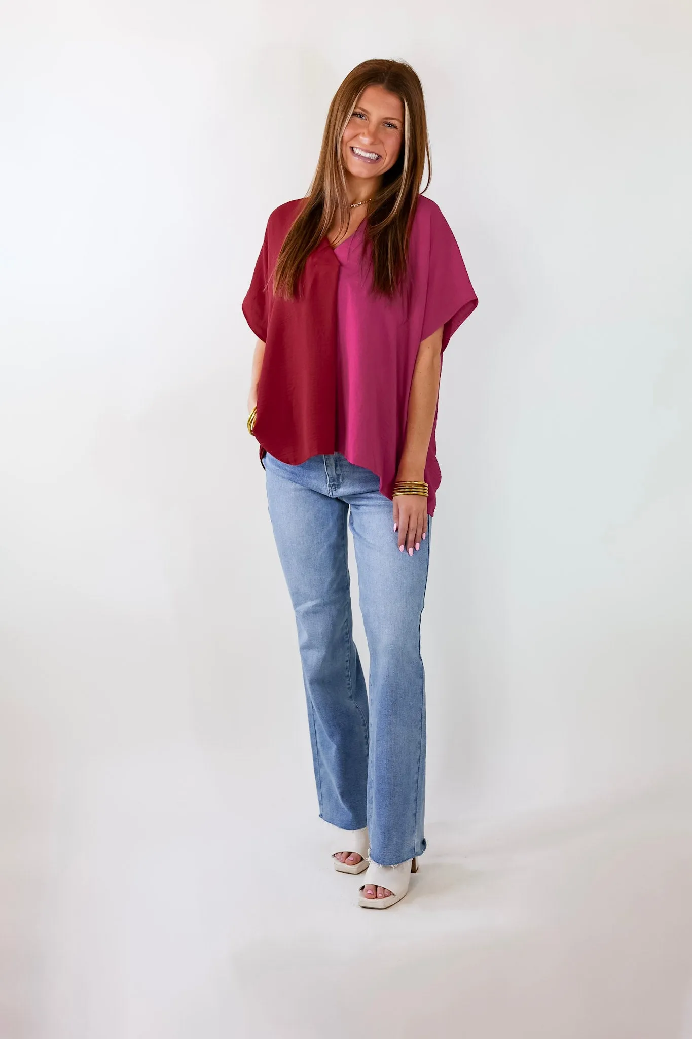 Weekend Out V Neck Placket Color Block Short Sleeve Top in Maroon and Pink