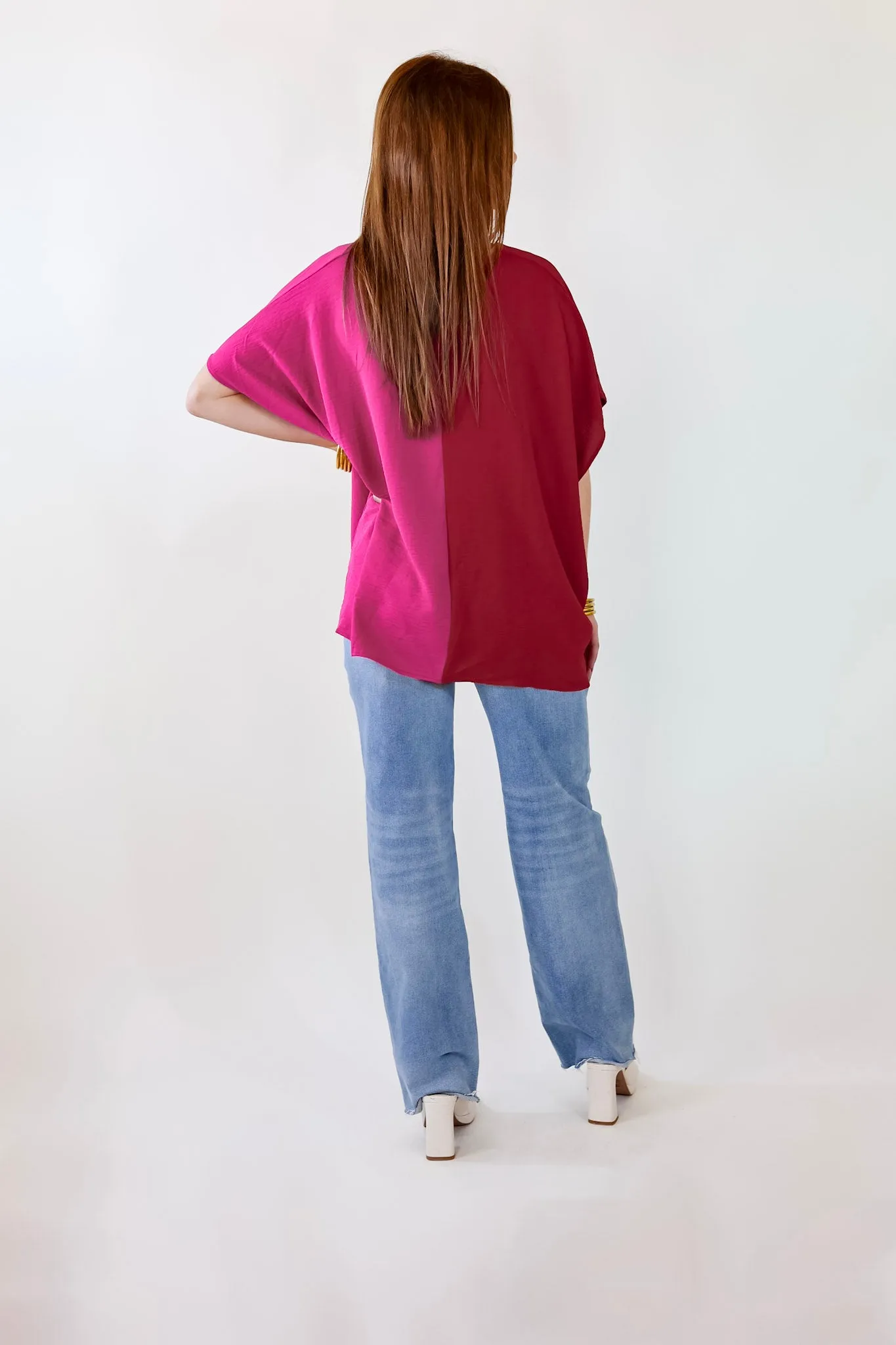 Weekend Out V Neck Placket Color Block Short Sleeve Top in Maroon and Pink