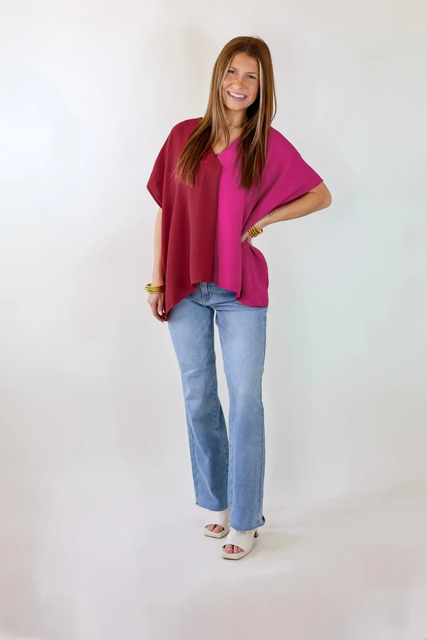 Weekend Out V Neck Placket Color Block Short Sleeve Top in Maroon and Pink