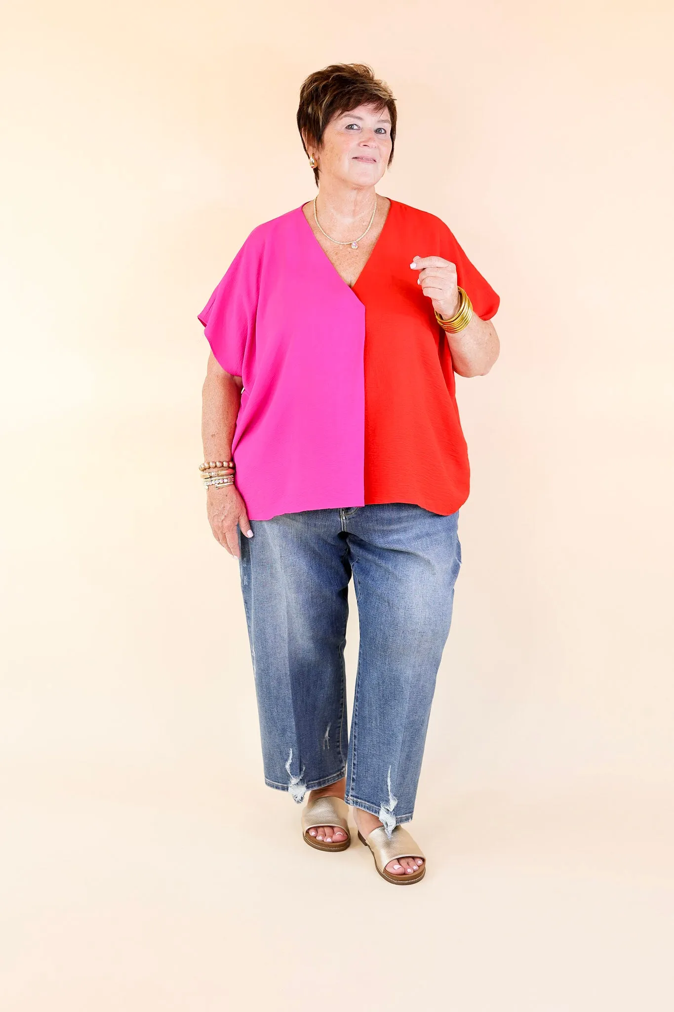Weekend Out V Neck Placket Color Block Short Sleeve Top in Red and Pink