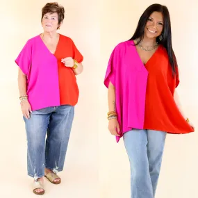 Weekend Out V Neck Placket Color Block Short Sleeve Top in Red and Pink