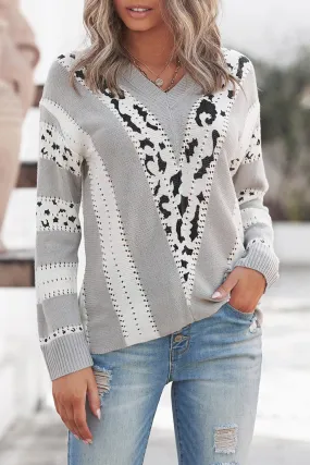 Women's Animal Print Knitted Pullover V Neck Sweater