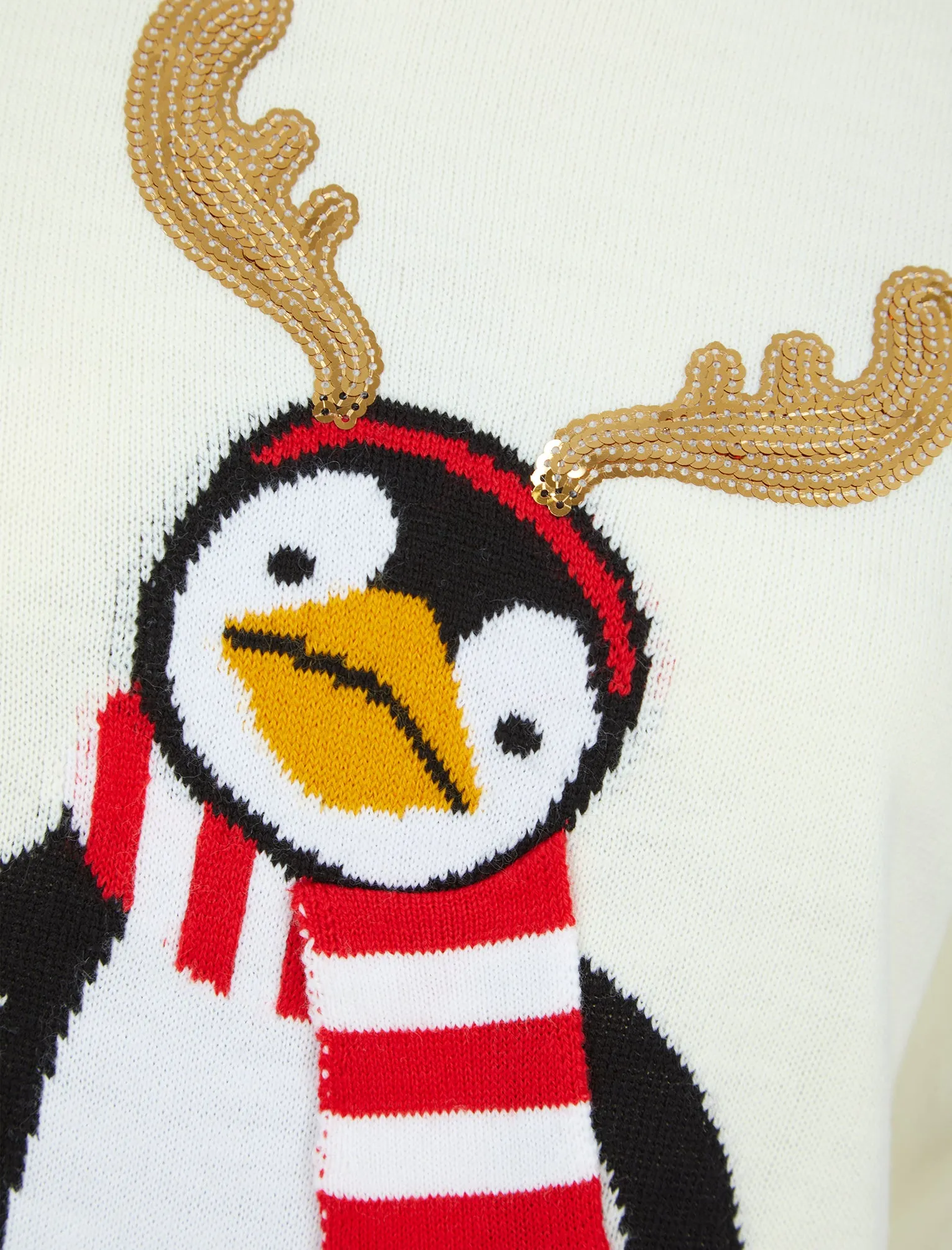 Women's Penguin Antlers Sequin Motif Novelty Christmas Jumper in Gardenia - Merry Christmas