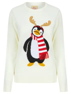 Women's Penguin Antlers Sequin Motif Novelty Christmas Jumper in Gardenia - Merry Christmas