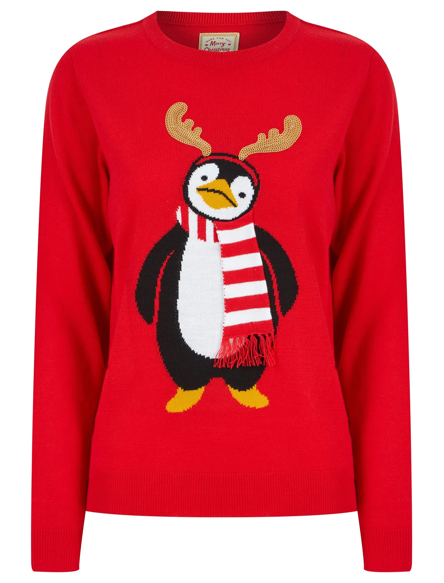 Women's Penguin Antlers Sequin Motif Novelty Christmas Jumper in Tokyo Red - Merry Christmas