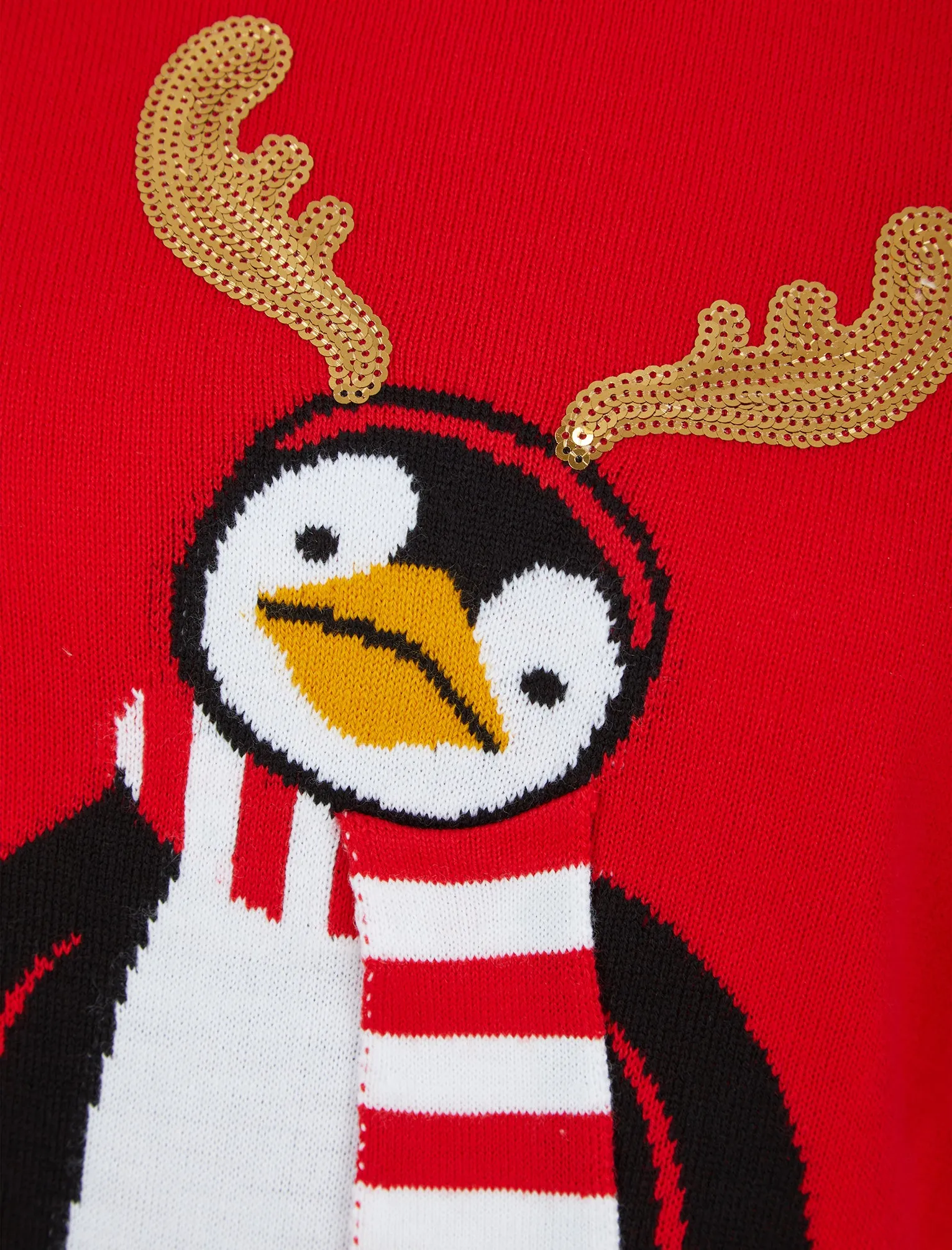 Women's Penguin Antlers Sequin Motif Novelty Christmas Jumper in Tokyo Red - Merry Christmas