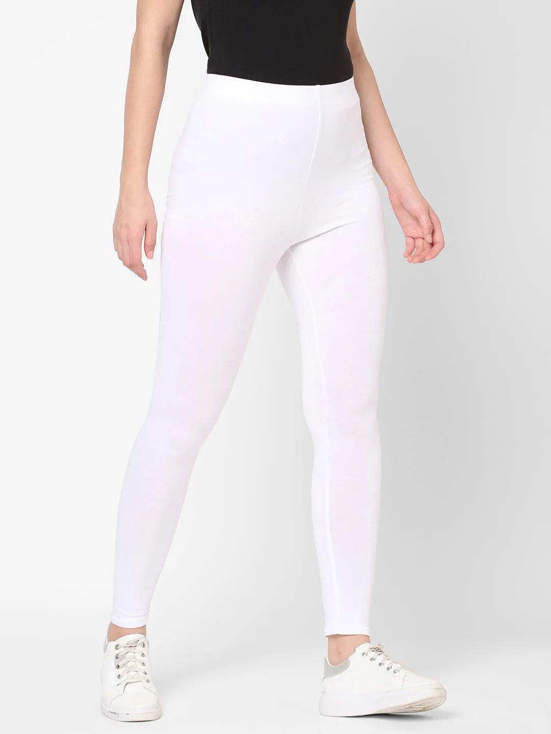 Women's White Cotton Elastane Slim Fit Knit Tights