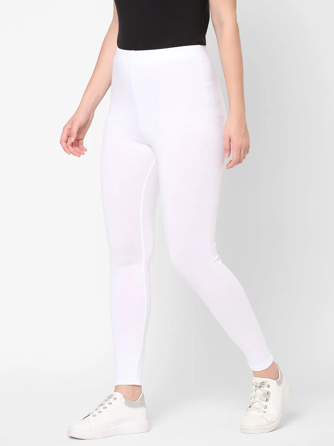 Women's White Cotton Elastane Slim Fit Knit Tights